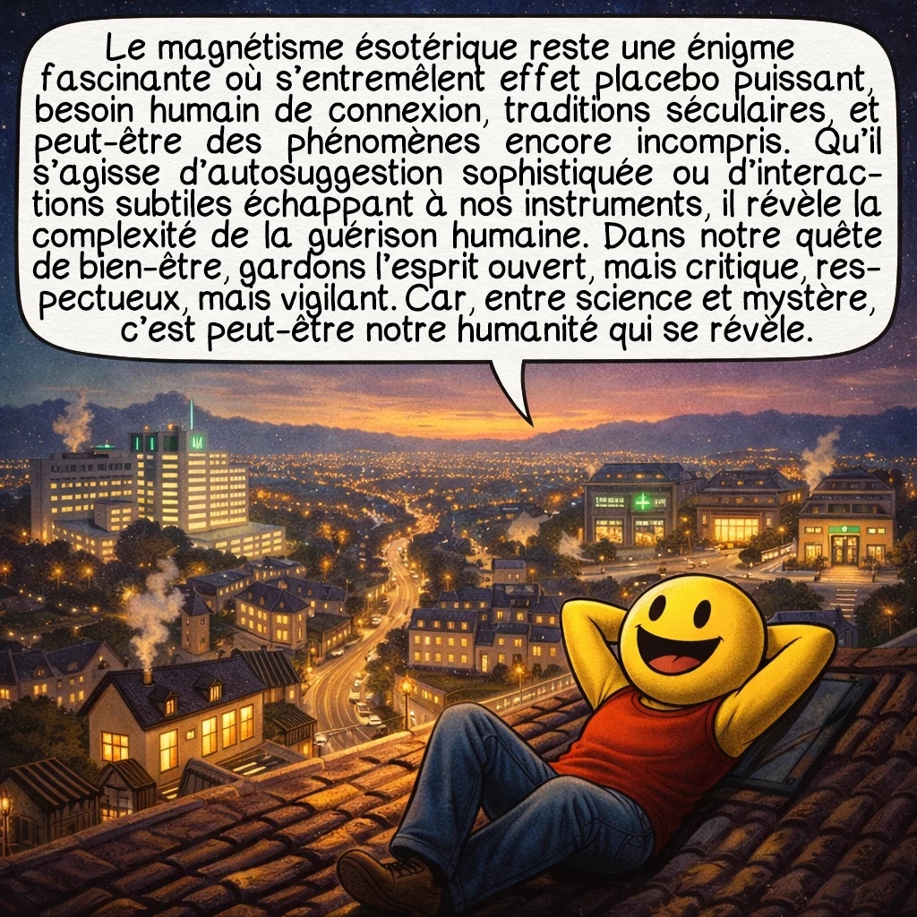 Le magnétisme, case 10 : Le magnétisme ésotérique reste une énigme fascinante où s’entremêlent effet placebo puissant, besoin humain de connexion, traditions séculaires, et peut-être des phénomènes encore incompris. Qu’il s’agisse d’autosuggestion sophistiquée ou d’interactions subtiles échappant à nos instruments, il révèle la complexité de la guérison humaine. Dans notre quête de bien-être, gardons l’esprit ouvert, mais critique, respectueux, mais vigilant. Car, entre science et mystère, c’est peut-être notre humanité qui se révèle.