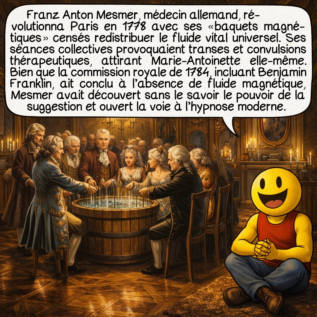 Le magnétisme, case 2 : Franz Anton Mesmer, médecin allemand, révolutionna Paris en 1778 avec ses « baquets magnétiques » censés redistribuer le fluide vital universel. Ses séances collectives provoquaient transes et convulsions thérapeutiques, attirant Marie-Antoinette elle-même. Bien que la commission royale de 1784, incluant Benjamin Franklin, ait conclu à l’absence de fluide magnétique, Mesmer avait découvert sans le savoir le pouvoir de la suggestion et ouvert la voie à l’hypnose moderne.