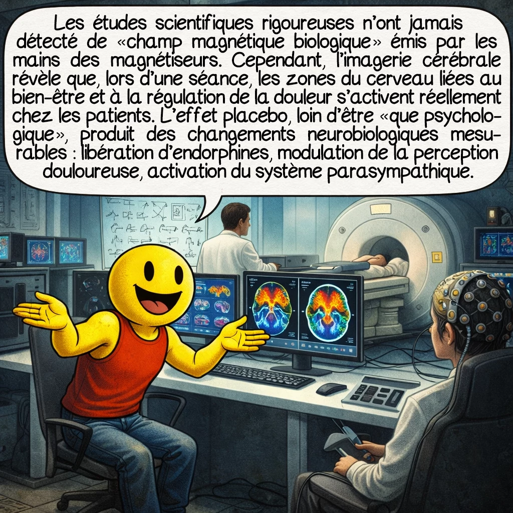 Le magnétisme, case 4 : Les études scientifiques rigoureuses n’ont jamais détecté de « champ magnétique biologique » émis par les mains des magnétiseurs. Cependant, l’imagerie cérébrale révèle que, lors d’une séance, les zones du cerveau liées au bien-être et à la régulation de la douleur s’activent réellement chez les patients. L’effet placebo, loin d’être « que psychologique », produit des changements neurobiologiques mesurables : libération d’endorphines, modulation de la perception douloureuse, activation du système parasympathique.