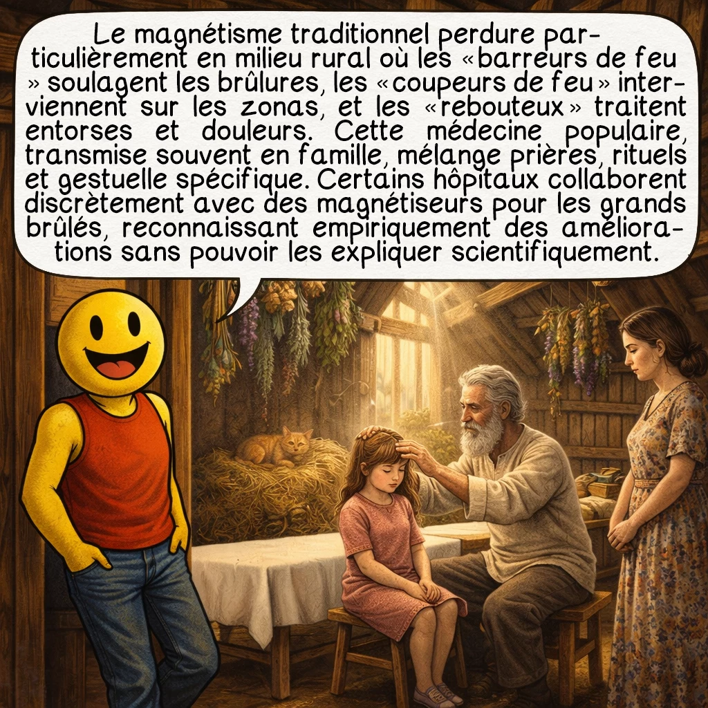 Le magnétisme, case 5 : Le magnétisme traditionnel perdure particulièrement en milieu rural où les « barreurs de feu » soulagent les brûlures, les « coupeurs de feu » interviennent sur les zonas, et les « rebouteux » traitent entorses et douleurs. Cette médecine populaire, transmise souvent en famille, mélange prières, rituels et gestuelle spécifique. Certains hôpitaux collaborent discrètement avec des magnétiseurs pour les grands brûlés, reconnaissant empiriquement des améliorations sans pouvoir les expliquer scientifiquement.