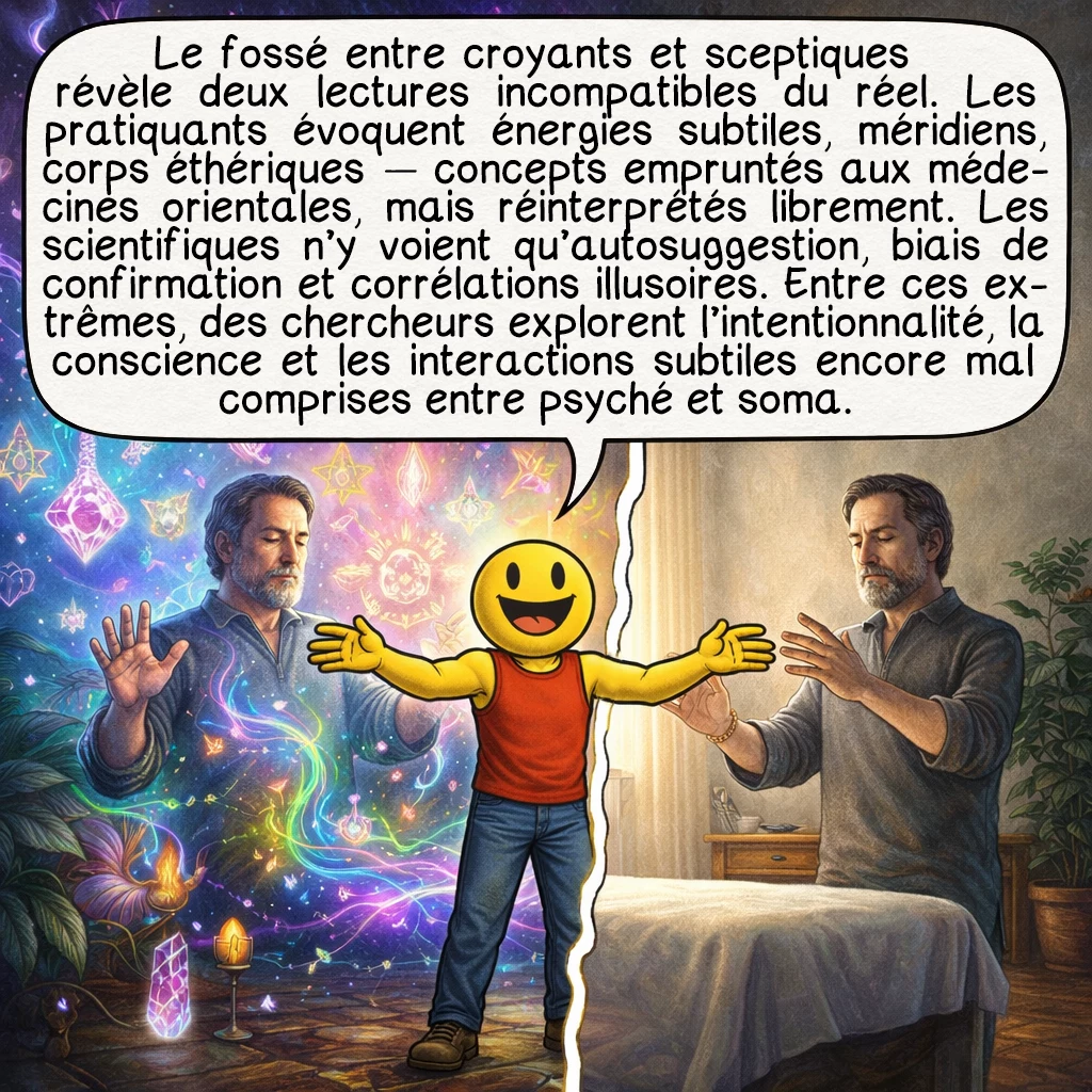 Le magnétisme, case 6 : Le fossé entre croyants et sceptiques révèle deux lectures incompatibles du réel. Les pratiquants évoquent énergies subtiles, méridiens, corps éthériques — concepts empruntés aux médecines orientales, mais réinterprétés librement. Les scientifiques n’y voient qu’autosuggestion, biais de confirmation et corrélations illusoires. Entre ces extrêmes, des chercheurs explorent l’intentionnalité, la conscience et les interactions subtiles encore mal comprises entre psyché et soma.