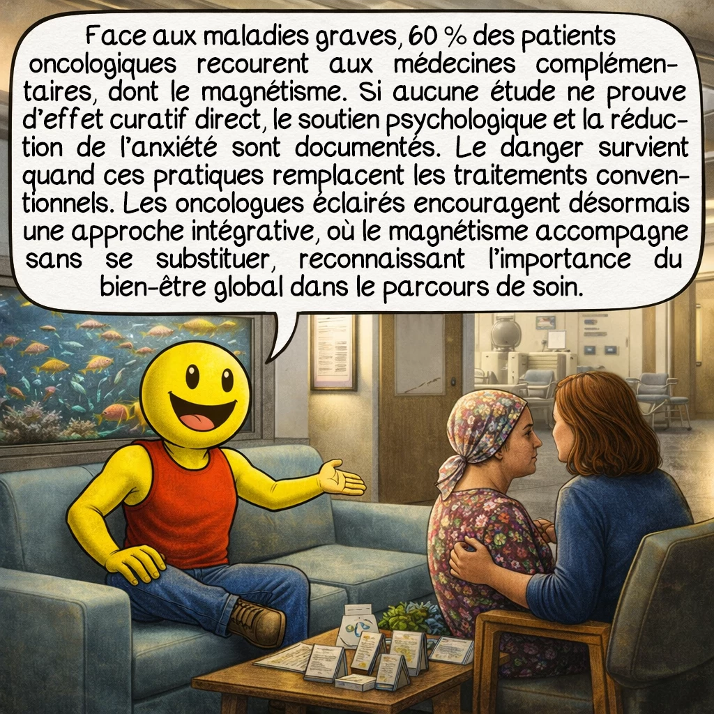 Le magnétisme, case 8 : Face aux maladies graves, 60 % des patients oncologiques recourent aux médecines complémentaires, dont le magnétisme. Si aucune étude ne prouve d’effet curatif direct, le soutien psychologique et la réduction de l’anxiété sont documentés. Le danger survient quand ces pratiques remplacent les traitements conventionnels. Les oncologues éclairés encouragent désormais une approche intégrative, où le magnétisme accompagne sans se substituer, reconnaissant l’importance du bien-être global dans le parcours de soin.
