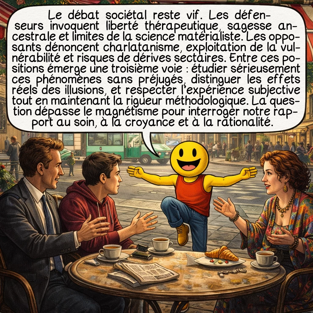 Le magnétisme, case 9 : Le débat sociétal reste vif. Les défenseurs invoquent liberté thérapeutique, sagesse ancestrale et limites de la science matérialiste. Les opposants dénoncent charlatanisme, exploitation de la vulnérabilité et risques de dérives sectaires. Entre ces positions émerge une troisième voie : étudier sérieusement ces phénomènes sans préjugés, distinguer les effets réels des illusions, et respecter l’expérience subjective tout en maintenant la rigueur méthodologique. La question dépasse le magnétisme pour interroger notre rapport au soin, à la croyance et à la rationalité.