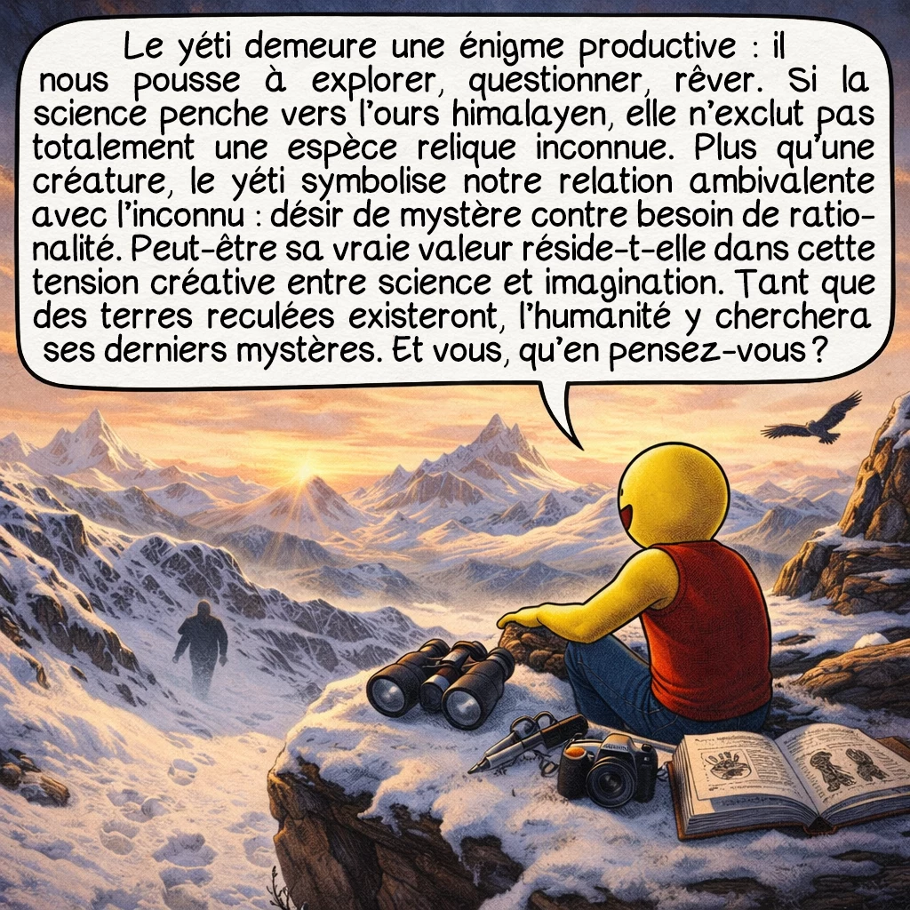 Le yéti, case 10 : Le yéti demeure une énigme productive : il nous pousse à explorer, questionner, rêver. Si la science penche vers l’ours himalayen, elle n’exclut pas totalement une espèce relique inconnue. Plus qu’une créature, le yéti symbolise notre relation ambivalente avec l’inconnu : désir de mystère contre besoin de rationalité. Peut-être sa vraie valeur réside-t-elle dans cette tension créative entre science et imagination. Tant que des terres reculées existeront, l’humanité y cherchera ses derniers mystères. Et vous, qu’en pensez-vous ?