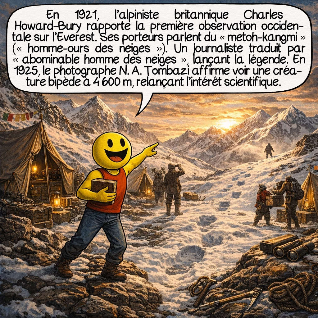 Le yéti, case 3 : En 1921, l’alpiniste britannique Charles Howard-Bury rapporte la première observation occidentale documentée lors d’une expédition sur l’Everest. Ses porteurs parlent du « metoh-kangmi », littéralement « homme-ours des neiges ». Un journaliste traduit maladroitement cela par « abominable homme des neiges », créant involontairement une légende médiatique mondiale. En 1925, le photographe N.A. Tombazi affirme observer une créature bipède à 4600 mètres d’altitude, relançant l’intérêt scientifique.