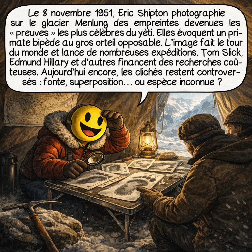 Le yéti, case 4 : Le 8 novembre 1951, Eric Shipton photographie sur le glacier Menlung des empreintes qui deviennent les « preuves » les plus célèbres du yéti. Ces traces suggèrent un pied de primate bipède avec un gros orteil opposable. L’image fait le tour du monde et déclenche une vague d’expéditions scientifiques. Tom Slick, Edmund Hillary et d’autres financent des recherches coûteuses. Paradoxalement, ces photos restent aujourd’hui controversées : fonte partielle, superposition d’empreintes ou traces authentiques d’une espèce inconnue ?