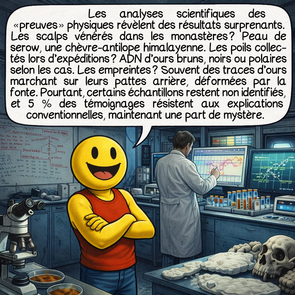 Le yéti, case 5 : Les analyses scientifiques des « preuves » physiques révèlent des résultats surprenants. Les scalps vénérés dans les monastères ? Peau de serow, une chèvre-antilope himalayenne. Les poils collectés lors d’expéditions ? ADN d’ours bruns, noirs ou polaires selon les cas. Les empreintes ? Souvent des traces d’ours marchant sur leurs pattes arrière, déformées par la fonte. Pourtant, certains échantillons restent non identifiés, et 5 % des témoignages résistent aux explications conventionnelles, maintenant une part de mystère.