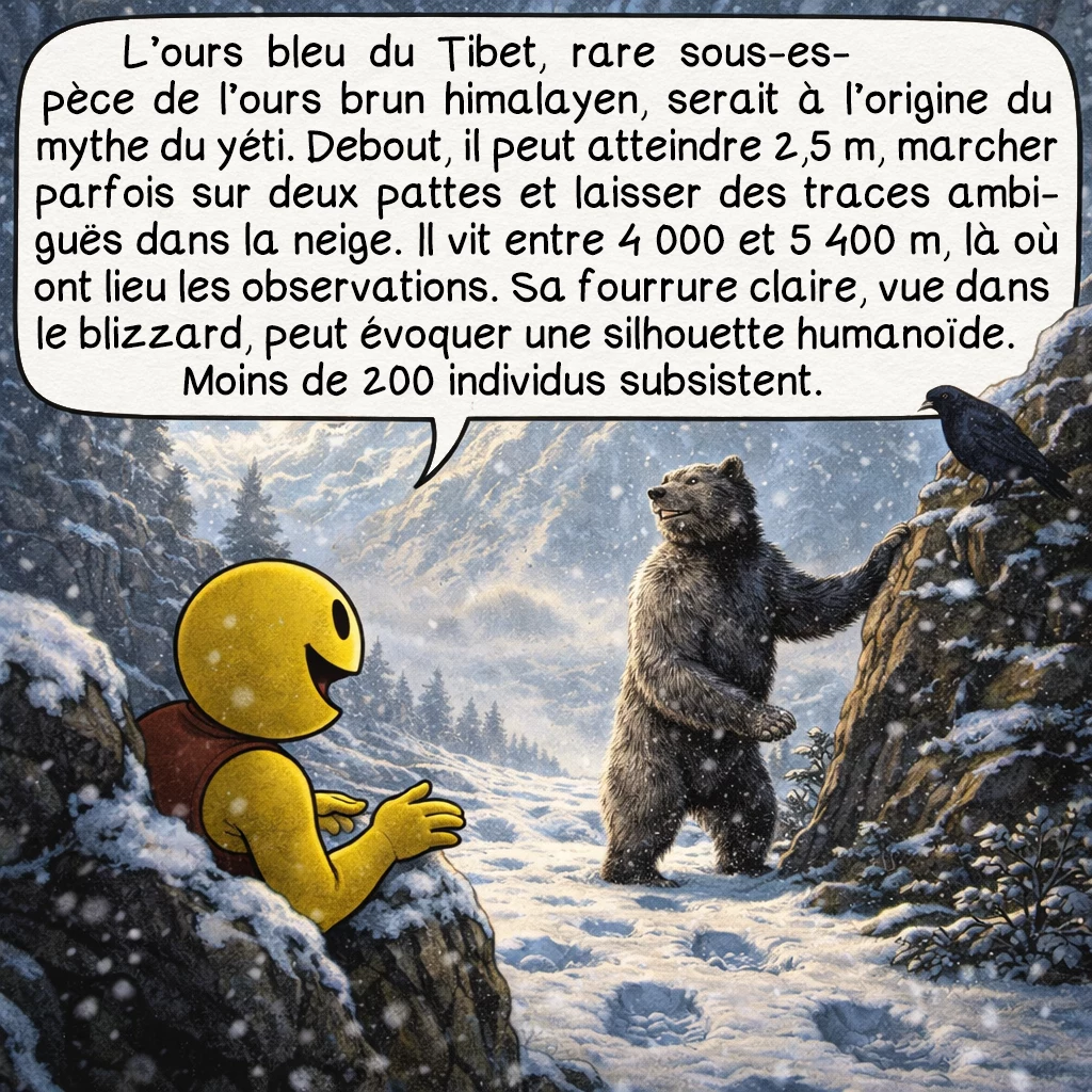 Le yéti, case 6 : L’ours bleu du Tibet, sous-espèce rare de l’ours brun himalayen, est le candidat le plus probable pour expliquer le mythe du yéti. Capable de se tenir debout jusqu’à 2,5 mètres, marchant occasionnellement sur deux pattes, laissant des empreintes ambiguës dans la neige. Son habitat isolé entre 4000 et 5400 mètres d’altitude correspond aux zones d’observation. Sa fourrure claire, presque blonde, vue de loin dans le blizzard, peut créer l’illusion d’une créature humanoïde. Moins de 200 individus subsistent, expliquant la rareté des rencontres.