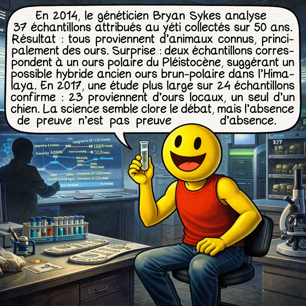 Le yéti, case 7 : En 2014, le généticien Bryan Sykes analyse 37 échantillons attribués au yéti collectés sur 50 ans. Résultat : tous proviennent d’animaux connus, principalement des ours. Surprise : deux échantillons correspondent à un ours polaire du Pléistocène, suggérant un possible hybride ancien ours brun-polaire dans l’Himalaya. En 2017, une étude plus large sur 24 échantillons confirme : 23 proviennent d’ours locaux, un seul d’un chien. La science semble clore le débat, mais l’absence de preuve n’est pas preuve d’absence.