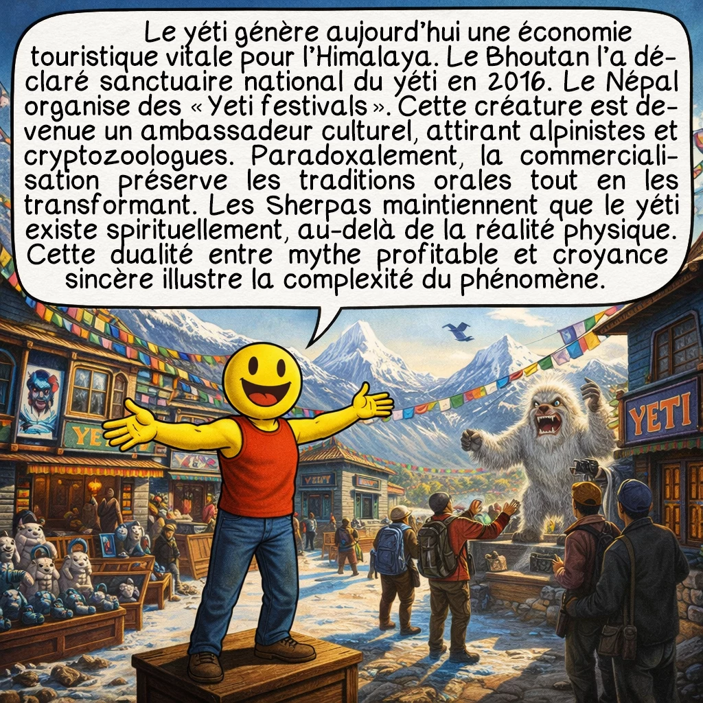 Le yéti, case 8 : Le yéti génère aujourd’hui une économie touristique vitale pour l’Himalaya. Le Bhoutan l’a déclaré sanctuaire national du yéti en 2016. Le Népal organise des « Yeti festivals ». Cette créature est devenue un ambassadeur culturel, attirant alpinistes et cryptozoologues. Paradoxalement, la commercialisation préserve les traditions orales tout en les transformant. Les Sherpas maintiennent que le yéti existe spirituellement, au-delà de la réalité physique. Cette dualité entre mythe profitable et croyance sincère illustre la complexité du phénomène.