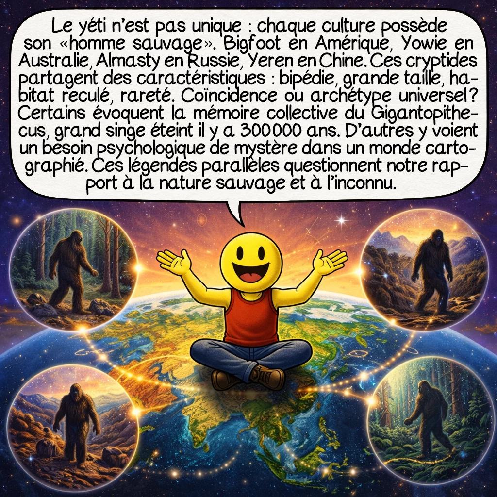 Le yéti, case 9 : Le yéti n’est pas unique : chaque culture possède son « homme sauvage ». Bigfoot en Amérique, Yowie en Australie, Almasty en Russie, Yeren en Chine. Ces cryptides partagent des caractéristiques : bipédie, grande taille, habitat reculé, élusivité. Coïncidence ou archétype universel ? Certains évoquent la mémoire collective du Gigantopithecus, grand singe éteint il y a 300 000 ans. D’autres y voient un besoin psychologique de mystère dans un monde cartographié. Ces légendes parallèles questionnent notre rapport à la nature sauvage et à l’inconnu.