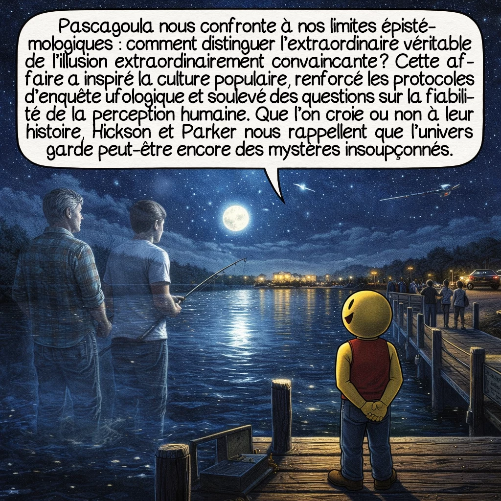 L’enlèvement de Pascagoula, case 10 : Pascagoula nous confronte à nos limites épistémologiques : comment distinguer l’extraordinaire véritable de l’illusion extraordinairement convaincante ? Cette affaire a inspiré la culture populaire, renforcé les protocoles d’enquête ufologique et soulevé des questions sur la fiabilité de la perception humaine. Que l’on croie ou non à leur histoire, Hickson et Parker nous rappellent que l’univers garde peut-être encore des mystères insoupçonnés.