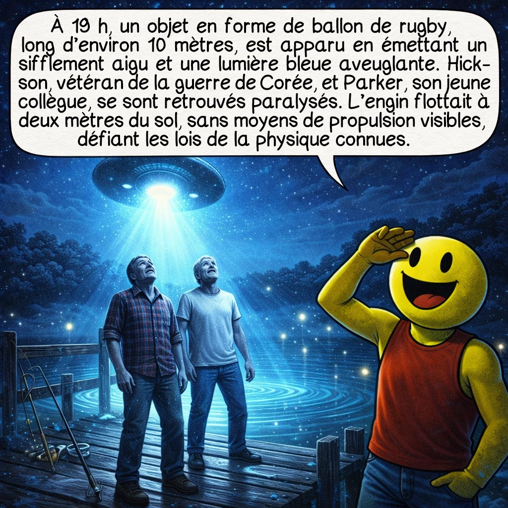 L’enlèvement de Pascagoula, case 2 : À 19 h, un objet en forme de ballon de rugby, long d’environ 10 mètres, est apparu en émettant un sifflement aigu et une lumière bleue aveuglante. Hickson, vétéran de la guerre de Corée, et Parker, son jeune collègue, se sont retrouvés paralysés. L’engin flottait à deux mètres du sol, sans moyens de propulsion visibles, défiant les lois de la physique connues.