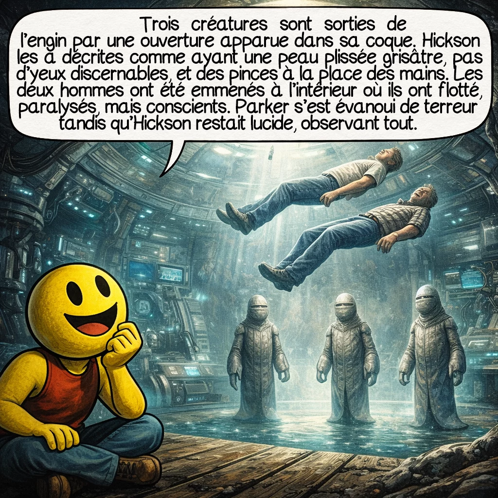 L’enlèvement de Pascagoula, case 3 : Trois créatures sont sorties de l’engin par une ouverture apparue dans sa coque. Hickson les a décrites comme ayant une peau plissée grisâtre, pas d’yeux discernables, et des pinces à la place des mains. Les deux hommes ont été emmenés à l’intérieur où ils ont flotté, paralysés, mais conscients. Parker s’est évanoui de terreur tandis qu’Hickson restait lucide, observant tout.