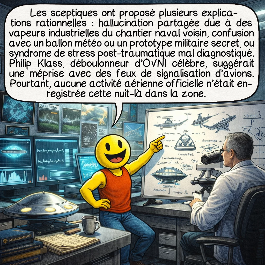 L’enlèvement de Pascagoula, case 6 : Les sceptiques ont proposé plusieurs explications rationnelles : hallucination partagée due à des vapeurs industrielles du chantier naval voisin, confusion avec un ballon météo ou un prototype militaire secret, ou syndrome de stress post-traumatique mal diagnostiqué. Philip Klass, déboulonneur d’OVNI célèbre, suggérait une méprise avec des feux de signalisation d’avions. Pourtant, aucune activité aérienne officielle n’était enregistrée cette nuit-là dans la zone.