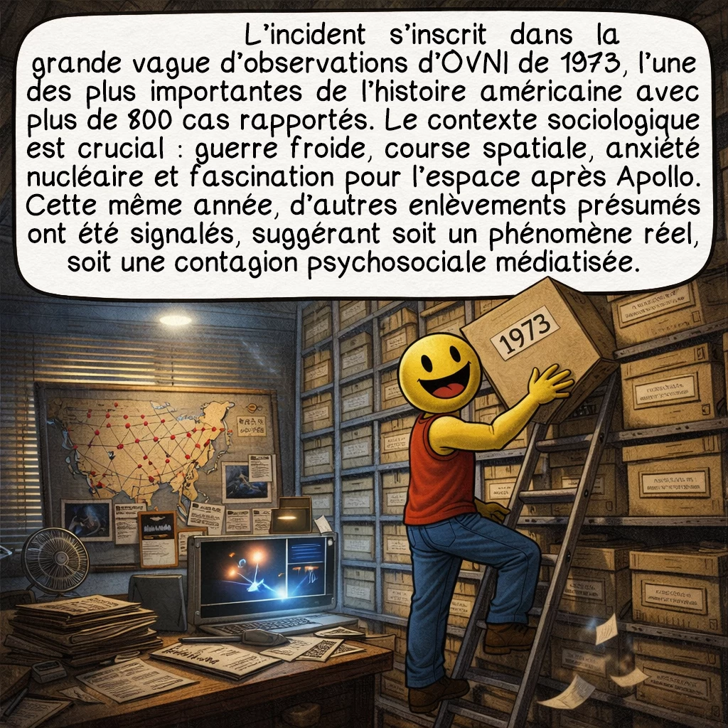 L’enlèvement de Pascagoula, case 7 : L’incident s’inscrit dans la grande vague d’observations d’OVNI de 1973, l’une des plus importantes de l’histoire américaine avec plus de 800 cas rapportés. Le contexte sociologique est crucial : guerre froide, course spatiale, anxiété nucléaire et fascination pour l’espace après Apollo. Cette même année, d’autres enlèvements présumés ont été signalés, suggérant soit un phénomène réel, soit une contagion psychosociale médiatisée.
