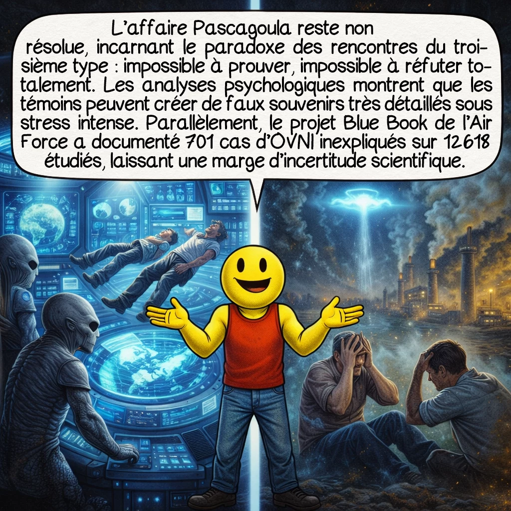 L’enlèvement de Pascagoula, case 9 : L’affaire Pascagoula reste non résolue, incarnant le paradoxe des rencontres du troisième type : impossible à prouver, impossible à réfuter totalement. Les analyses psychologiques montrent que les témoins peuvent créer de faux souvenirs très détaillés sous stress intense. Parallèlement, le projet Blue Book de l’Air Force a documenté 701 cas d’OVNI inexpliqués sur 12 618 étudiés, laissant une marge d’incertitude scientifique.