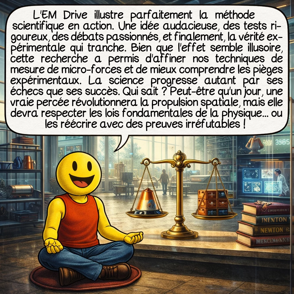 Le moteur EM Drive, case 10 : L'EM Drive illustre parfaitement la méthode scientifique en action. Une idée audacieuse, des tests rigoureux, des débats passionnés, et finalement, la vérité expérimentale qui tranche. Bien que l'effet semble illusoire, cette recherche a permis d'affiner nos techniques de mesure de micro-forces et de mieux comprendre les pièges expérimentaux. La science progresse autant par ses échecs que ses succès. Qui sait ? Peut-être qu'un jour, une vraie percée révolutionnera la propulsion spatiale, mais elle devra respecter les lois fondamentales de la physique... ou les réécrire avec des preuves irréfutables !