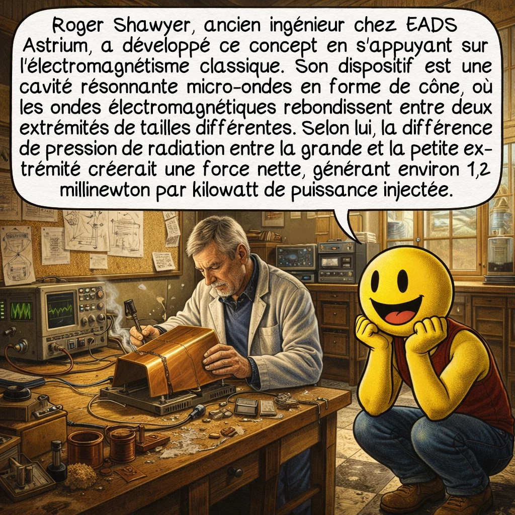 Le moteur EM Drive, case 2 : Roger Shawyer, ancien ingénieur chez EADS Astrium, a développé ce concept en s'appuyant sur l'électromagnétisme classique. Son dispositif est une cavité résonnante micro-ondes en forme de tronc de cône, où les ondes électromagnétiques rebondissent entre deux extrémités de tailles différentes. Selon lui, la différence de pression de radiation entre la grande et la petite extrémité créerait une force nette, générant environ 1,2 millinewton par kilowatt de puissance injectée.