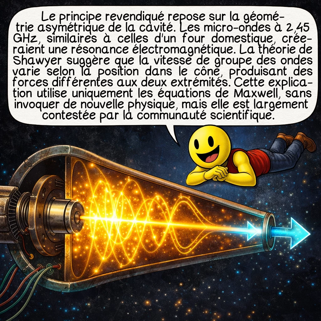 Le moteur EM Drive, case 3 : Le principe revendiqué repose sur la géométrie asymétrique de la cavité. Les micro-ondes à 2,45 GHz, similaires à celles d'un four domestique, créeraient une résonance électromagnétique. La théorie de Shawyer suggère que la vitesse de groupe des ondes varie selon la position dans le cône, produisant des forces différentes aux deux extrémités. Cette explication utilise uniquement les équations de Maxwell, sans invoquer de nouvelle physique, mais elle est largement contestée par la communauté scientifique.