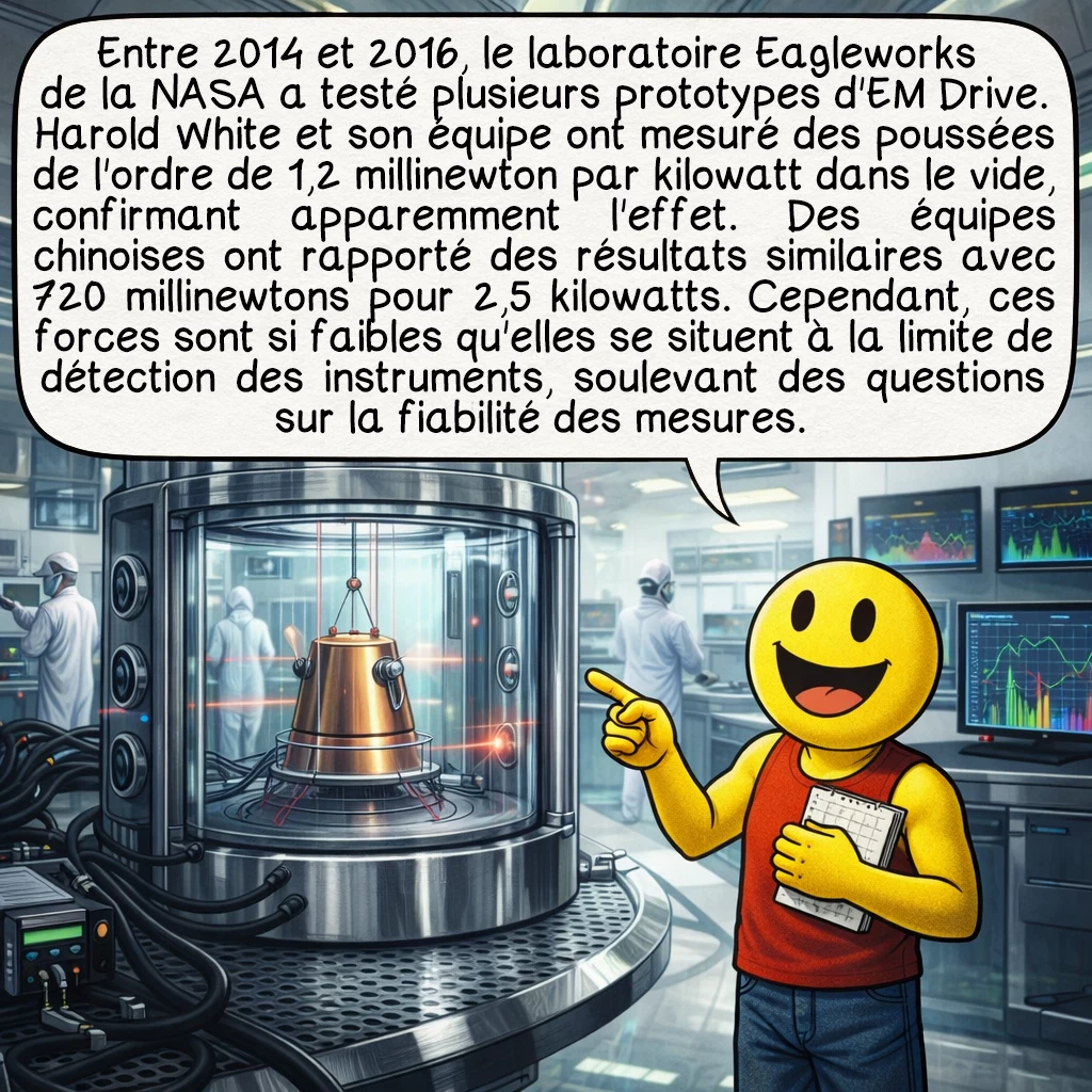 Le moteur EM Drive, case 4 : Entre 2014 et 2016, le laboratoire Eagleworks de la NASA a testé plusieurs prototypes d'EM Drive. Harold White et son équipe ont mesuré des poussées de l'ordre de 1,2 millinewton par kilowatt dans le vide, confirmant apparemment l'effet. Des équipes chinoises ont rapporté des résultats similaires avec 720 millinewtons pour 2,5 kilowatts. Cependant, ces forces sont si faibles qu'elles se situent à la limite de détection des instruments, soulevant des questions sur la fiabilité des mesures.