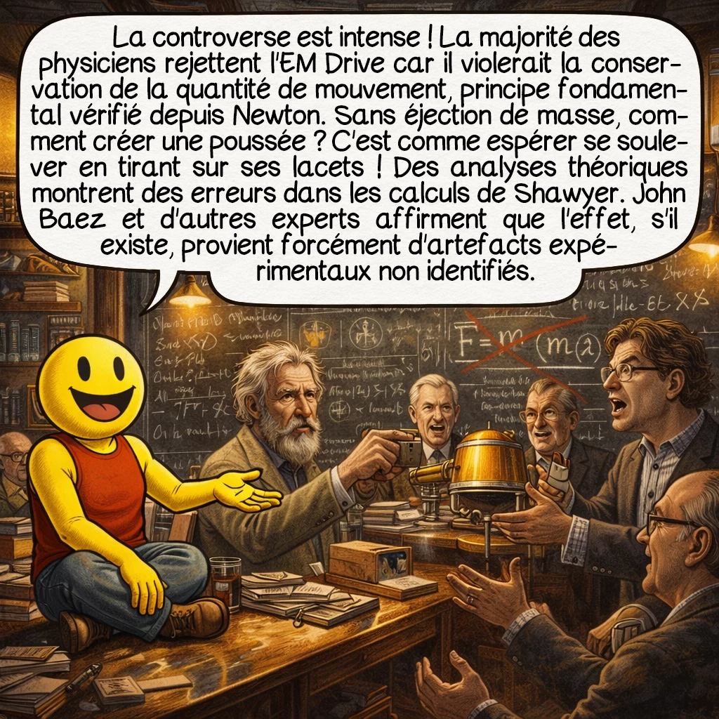 Le moteur EM Drive, case 5 : La controverse est intense ! La majorité des physiciens rejettent l'EM Drive car il violerait la conservation de la quantité de mouvement, principe fondamental vérifié depuis Newton. Sans éjection de masse, comment créer une poussée ? C'est comme espérer se soulever en tirant sur ses lacets ! Des analyses théoriques montrent des erreurs dans les calculs de Shawyer. John Baez et d'autres experts affirment que l'effet, s'il existe, provient forcément d'artefacts expérimentaux non identifiés.