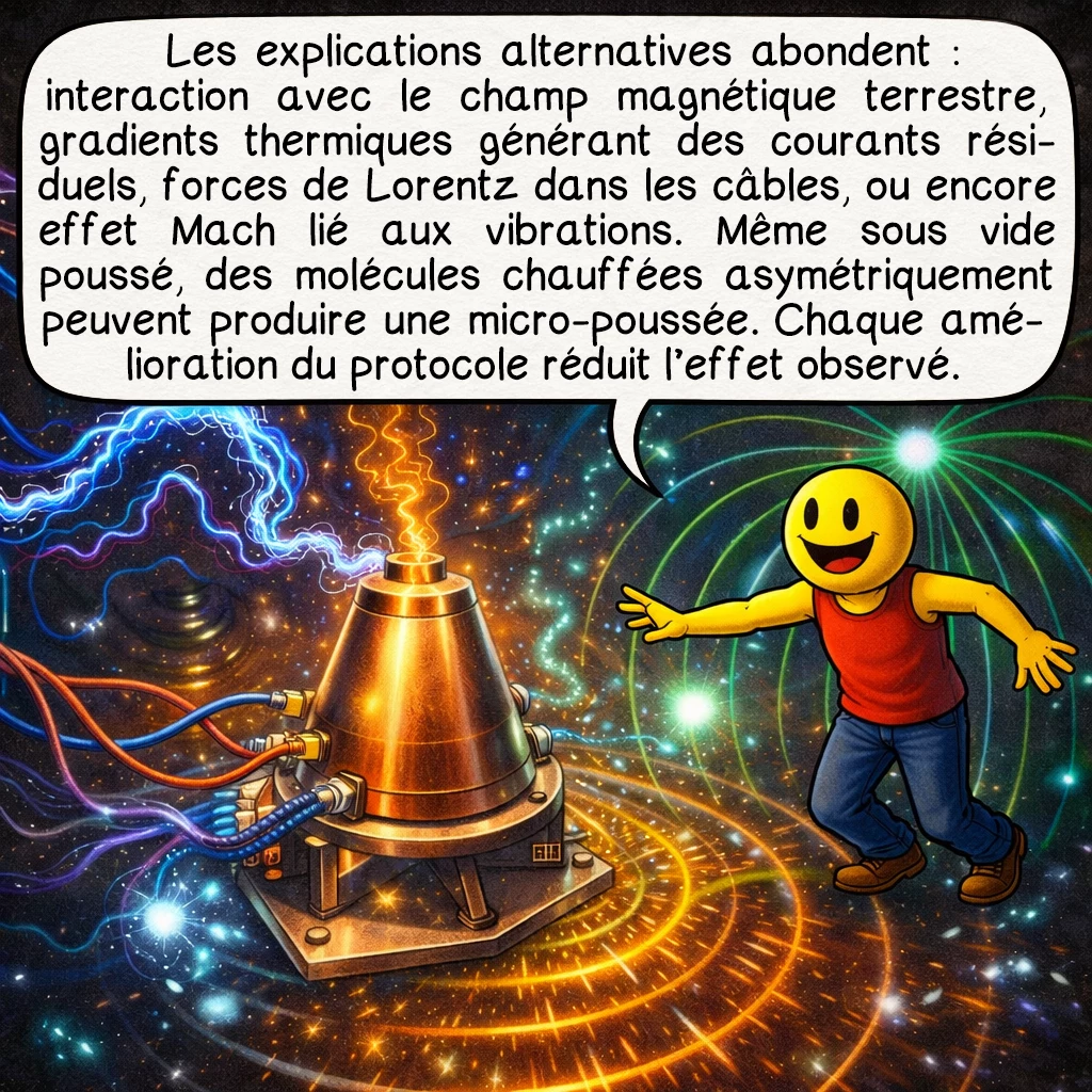 Le moteur EM Drive, case 6 : Les explications alternatives abondent ! Les forces mesurées pourraient provenir de l'interaction avec le champ magnétique terrestre, de gradients thermiques créant des courants de convection résiduels, ou de forces de Lorentz dues aux courants dans les câbles d'alimentation. L'effet Mach, lié aux vibrations, pourrait aussi jouer un rôle. Même dans une chambre à vide poussé, il reste toujours quelques molécules qui, chauffées asymétriquement, pourraient créer une micro-poussée. Chaque amélioration du protocole expérimental tend à réduire l'effet observé.