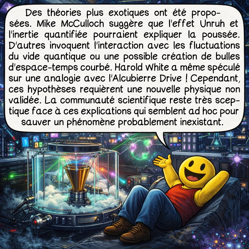 Le moteur EM Drive, case 7 : Des théories plus exotiques ont été proposées. Mike McCulloch suggère que l'effet Unruh et l'inertie quantifiée pourraient expliquer la poussée. D'autres invoquent l'interaction avec les fluctuations du vide quantique ou une possible création de bulles d'espace-temps courbé. Harold White a même spéculé sur une analogie avec l'Alcubierre Drive ! Cependant, ces hypothèses requièrent une nouvelle physique non validée. La communauté scientifique reste très sceptique face à ces explications qui semblent ad hoc pour sauver un phénomène probablement inexistant.