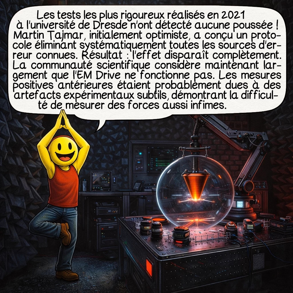 Le moteur EM Drive, case 8 : Les tests les plus rigoureux réalisés en 2021 à l'université de Dresde n'ont détecté aucune poussée ! Martin Tajmar, initialement optimiste, a conçu un protocole éliminant systématiquement toutes les sources d'erreur connues. Résultat : l'effet disparaît complètement. La communauté scientifique considère maintenant largement que l'EM Drive ne fonctionne pas. Les mesures positives antérieures étaient probablement dues à des artefacts expérimentaux subtils, démontrant la difficulté de mesurer des forces aussi infimes.