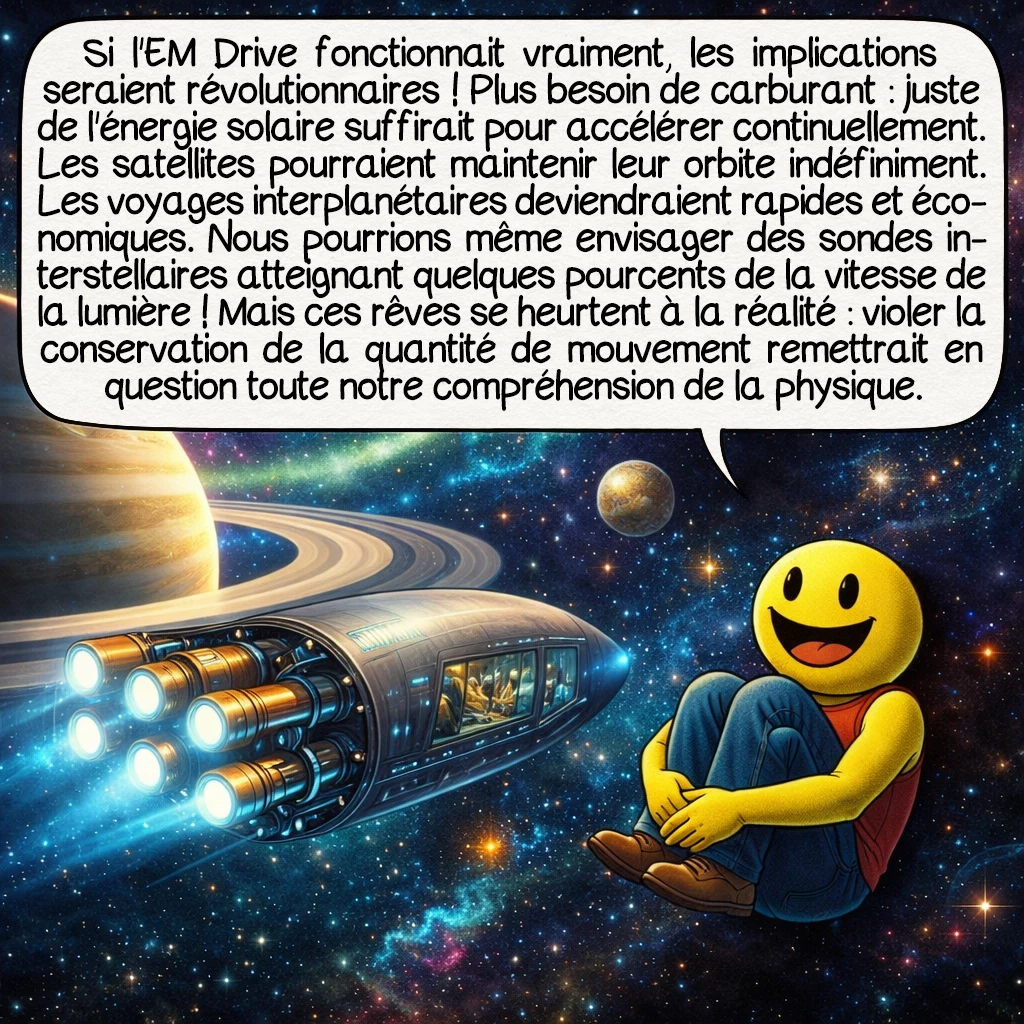 Le moteur EM Drive, case 9 : Si l'EM Drive fonctionnait vraiment, les implications seraient révolutionnaires ! Plus besoin de carburant : juste de l'énergie solaire suffirait pour accélérer continuellement. Les satellites pourraient maintenir leur orbite indéfiniment. Les voyages interplanétaires deviendraient rapides et économiques. Nous pourrions même envisager des sondes interstellaires atteignant quelques pourcents de la vitesse de la lumière ! Mais ces rêves se heurtent à la réalité : violer la conservation de la quantité de mouvement remettrait en question toute notre compréhension de la physique.