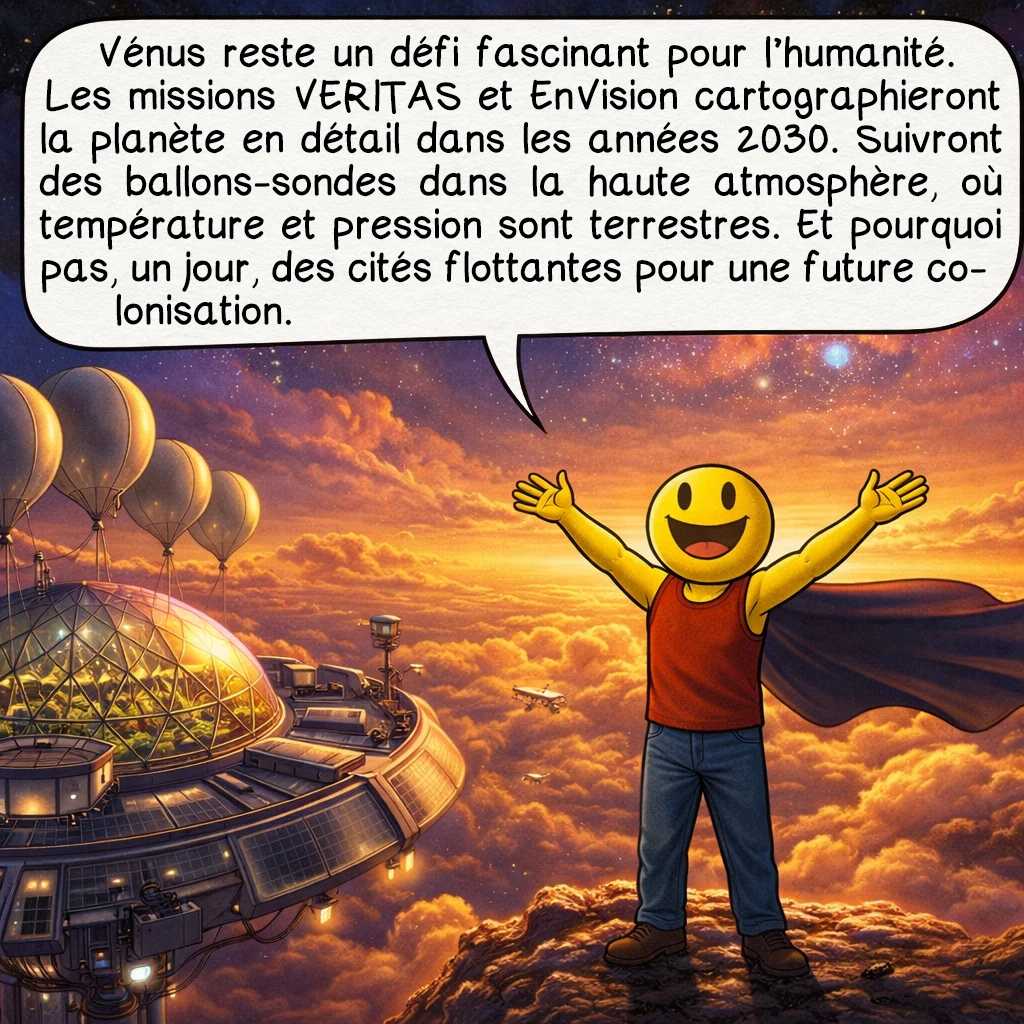 Vénus, case 10 : Vénus reste un défi fascinant pour l’humanité. Les projets futurs incluent des ballons-sondes dans la haute atmosphère où température et pression sont terrestres, voire des cités flottantes pour une future colonisation. Les missions VERITAS et EnVision cartographieront la planète en détail dans les années 2030. Vénus nous enseigne le destin possible de la Terre face au réchauffement climatique extrême.