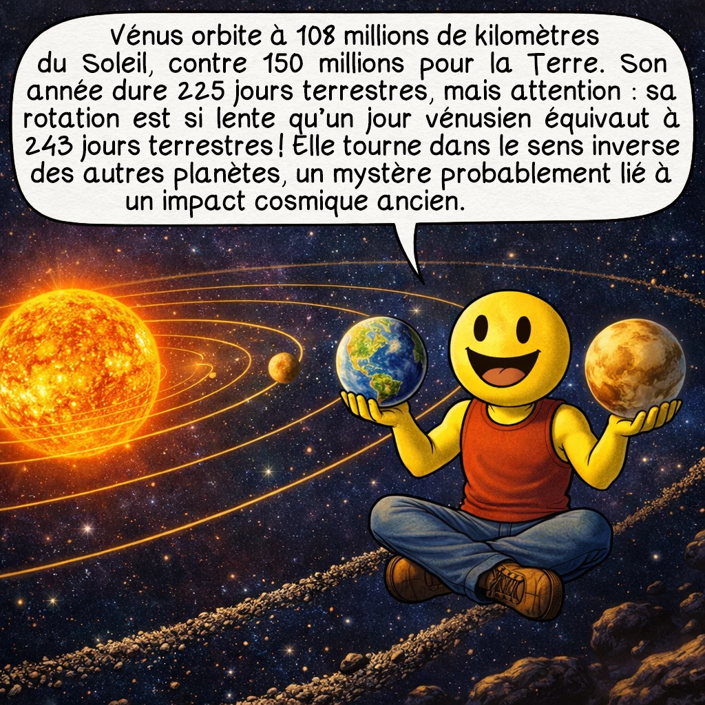 Vénus, case 2 : Vénus orbite à 108 millions de kilomètres du Soleil, contre 150 millions pour la Terre. Son année dure 225 jours terrestres, mais attention : sa rotation est si lente qu’un jour vénusien équivaut à 243 jours terrestres ! Elle tourne dans le sens inverse des autres planètes, un mystère probablement lié à un impact cosmique ancien.