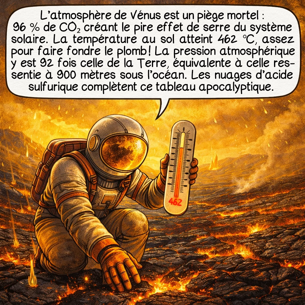 Vénus, case 3 : L’atmosphère de Vénus est un piège mortel : 96 % de CO₂ créant le pire effet de serre du système solaire. La température au sol atteint 462 °C, assez pour faire fondre le plomb ! La pression atmosphérique y est 92 fois celle de la Terre, équivalente à celle ressentie à 900 mètres sous l’océan. Les nuages d’acide sulfurique complètent ce tableau apocalyptique.