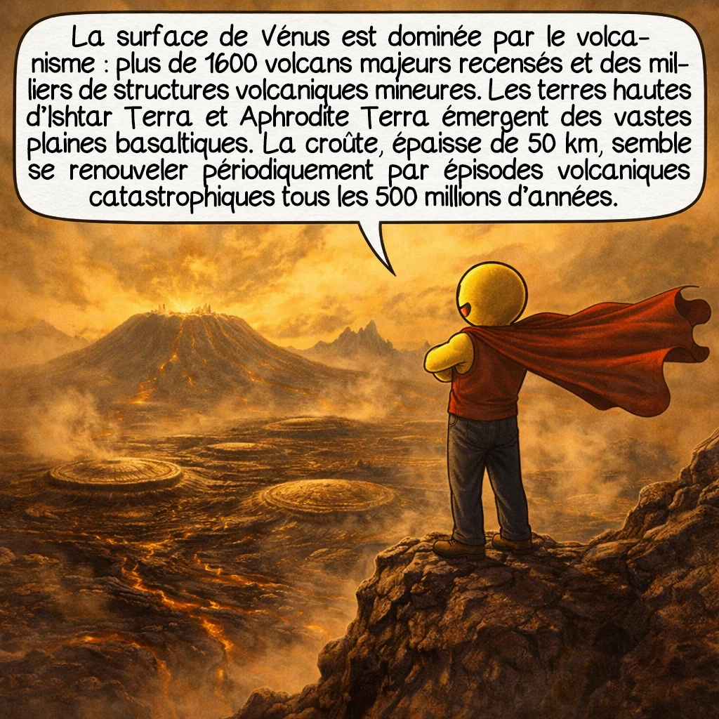 Vénus, case 4 : La surface de Vénus est dominée par le volcanisme : plus de 1600 volcans majeurs recensés et des milliers de structures volcaniques mineures. Les terres hautes d’Ishtar Terra et Aphrodite Terra émergent des vastes plaines basaltiques. La croûte, épaisse de 50 km, semble se renouveler périodiquement par épisodes volcaniques catastrophiques tous les 500 millions d’années.