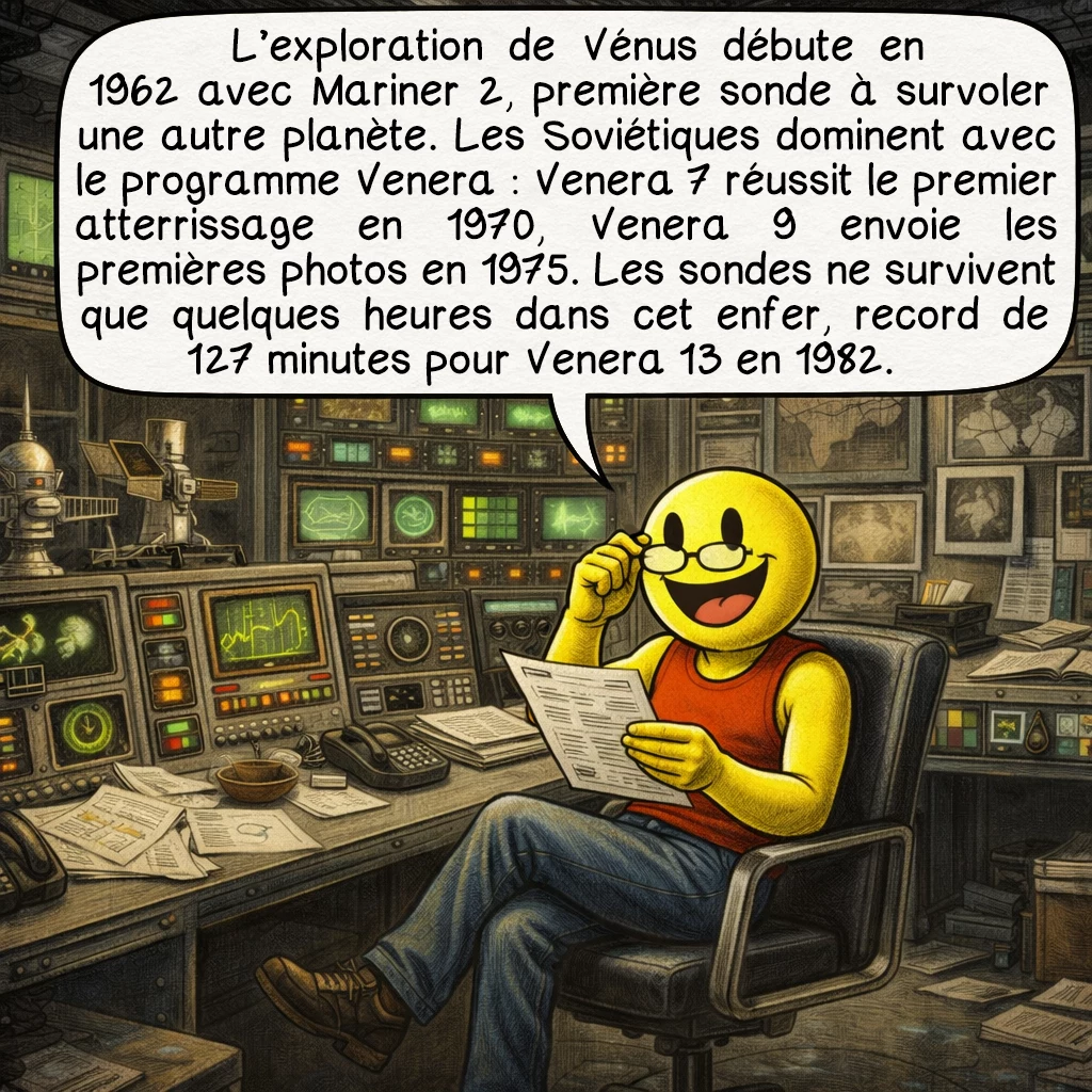Vénus, case 5 : L’exploration de Vénus débute en 1962 avec Mariner 2, première sonde à survoler une autre planète. Les Soviétiques dominent avec le programme Venera : Venera 7 réussit le premier atterrissage en 1970, Venera 9 envoie les premières photos en 1975. Les sondes ne survivent que quelques heures dans cet enfer, record de 127 minutes pour Venera 13 en 1982.