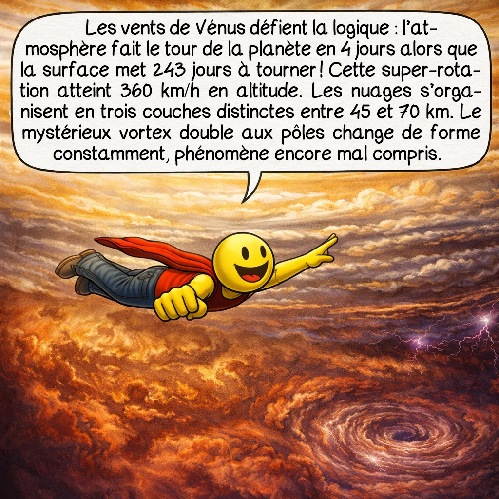 Vénus, case 6 : Les vents de Vénus défient la logique : l’atmosphère fait le tour de la planète en 4 jours alors que la surface met 243 jours à tourner ! Cette super-rotation atteint 360 km/h en altitude. Les nuages s’organisent en trois couches distinctes entre 45 et 70 km. Le mystérieux vortex double aux pôles change de forme constamment, phénomène encore mal compris.