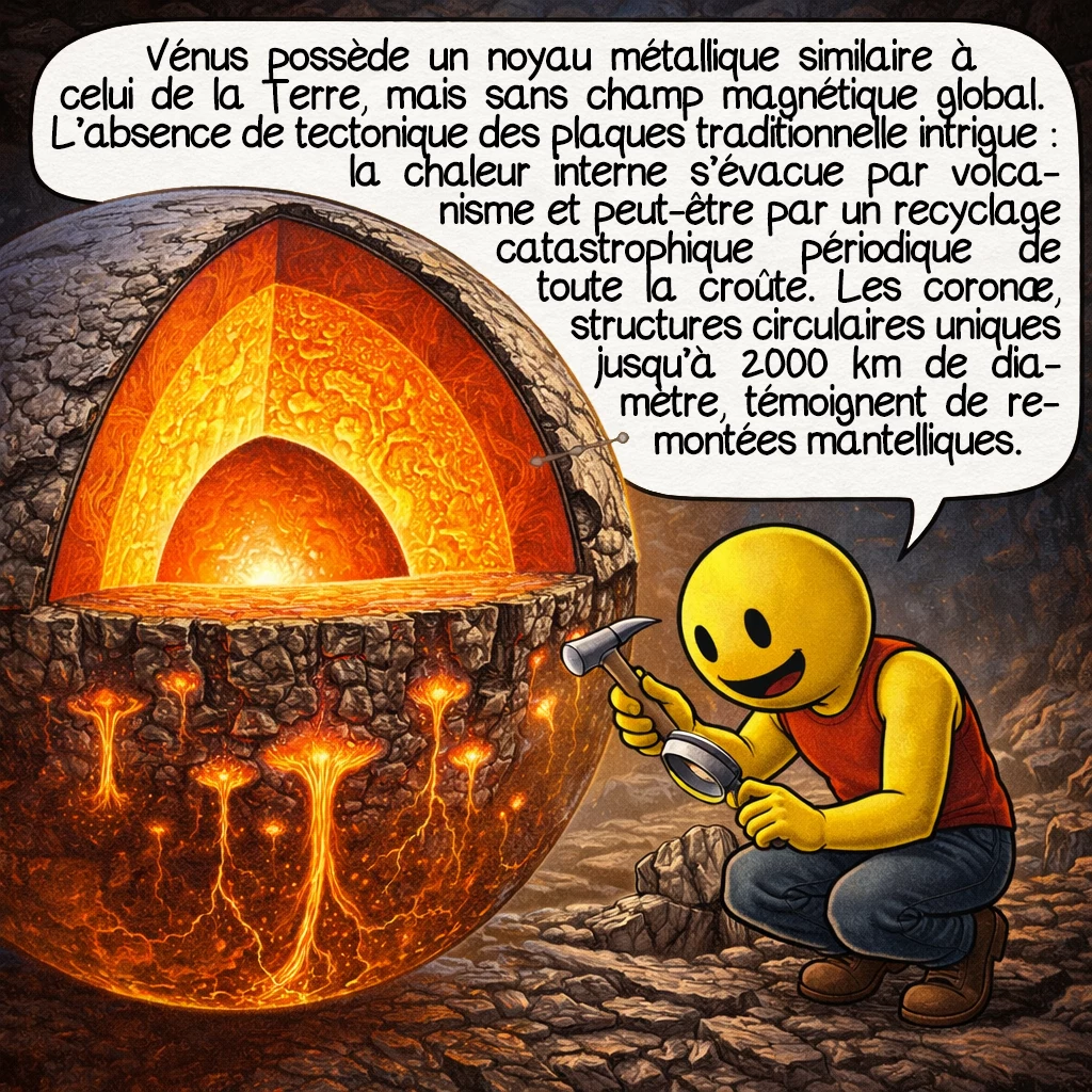 Vénus, case 7 : Vénus possède un noyau métallique similaire à celui de la Terre, mais sans champ magnétique global. L’absence de tectonique des plaques traditionnelle intrigue : la chaleur interne s’évacue par volcanisme et peut-être par un recyclage catastrophique périodique de toute la croûte. Les coronae, structures circulaires uniques jusqu’à 2000 km de diamètre, témoignent de remontées mantelliques.