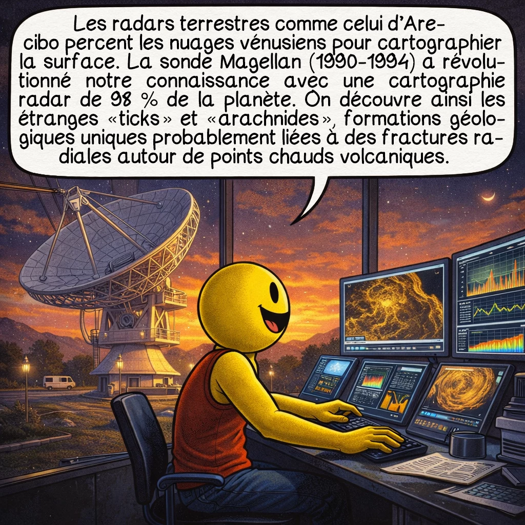 Vénus, case 8 : Les radars terrestres comme celui d’Arecibo percent les nuages vénusiens pour cartographier la surface. La sonde Magellan (1990-1994) a révolutionné notre connaissance avec une cartographie radar de 98 % de la planète. On découvre ainsi les étranges « ticks » et « arachnides », formations géologiques uniques probablement liées à des fractures radiales autour de points chauds volcaniques.