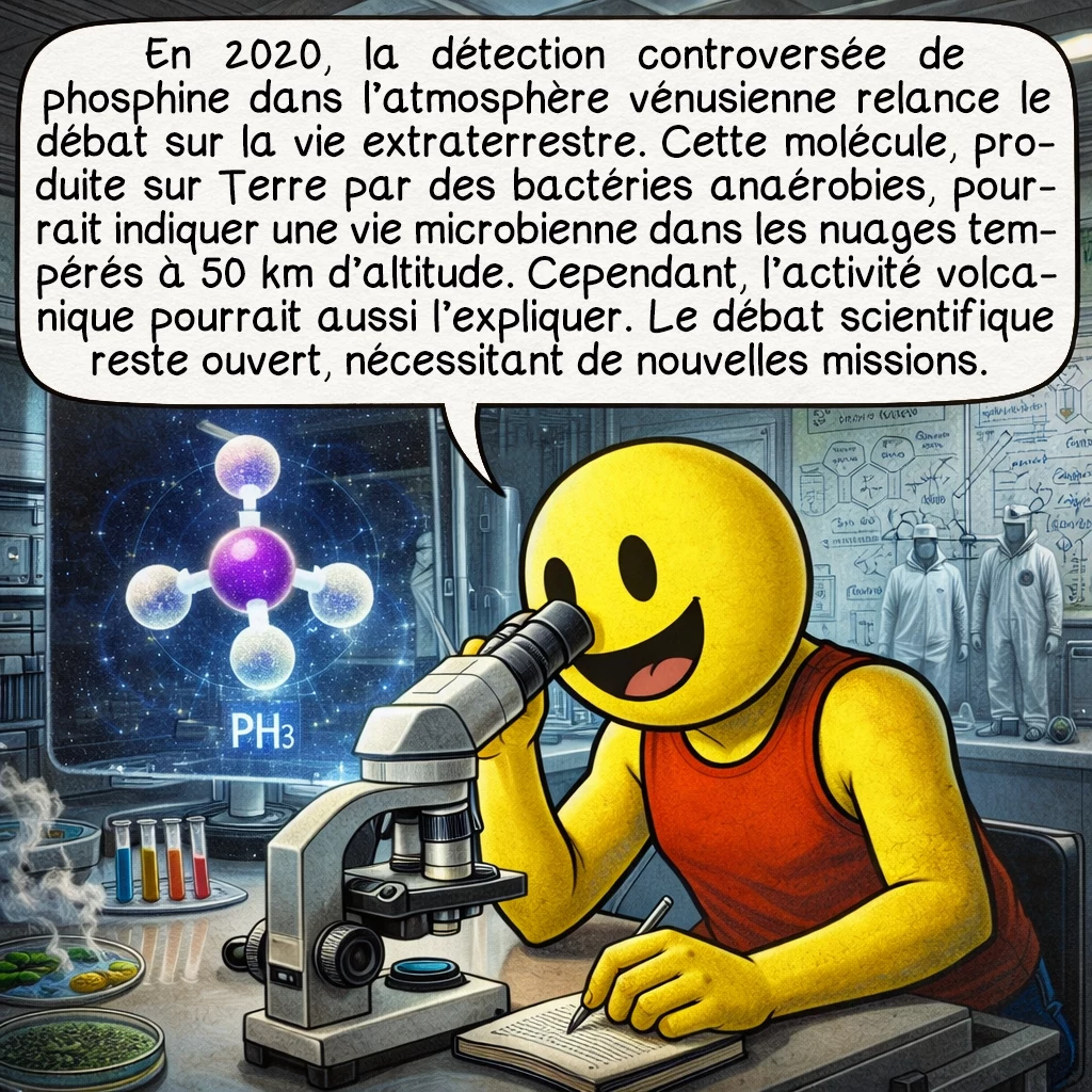 Vénus, case 9 : En 2020, la détection controversée de phosphine dans l’atmosphère vénusienne relance le débat sur la vie extraterrestre. Cette molécule, produite sur Terre par des bactéries anaérobies, pourrait indiquer une vie microbienne dans les nuages tempérés à 50 km d’altitude. Cependant, l’activité volcanique pourrait aussi l’expliquer. Le débat scientifique reste ouvert, nécessitant de nouvelles missions.