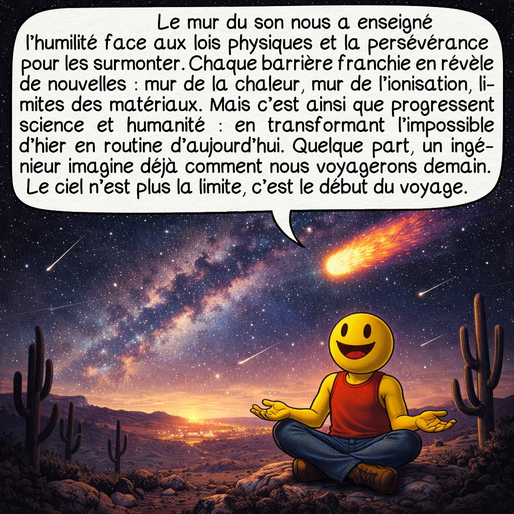 Le mur du son, case 10 : Le mur du son nous a enseigné l’humilité face aux lois physiques et la persévérance pour les surmonter. Chaque barrière franchie en révèle de nouvelles : mur de la chaleur, mur de l’ionisation, limites des matériaux. Mais c’est ainsi que progressent science et humanité : en transformant l’impossible d’hier en routine d’aujourd’hui. Quelque part, un ingénieur imagine déjà comment nous voyagerons demain. Le ciel n’est plus la limite, c’est le début du voyage.