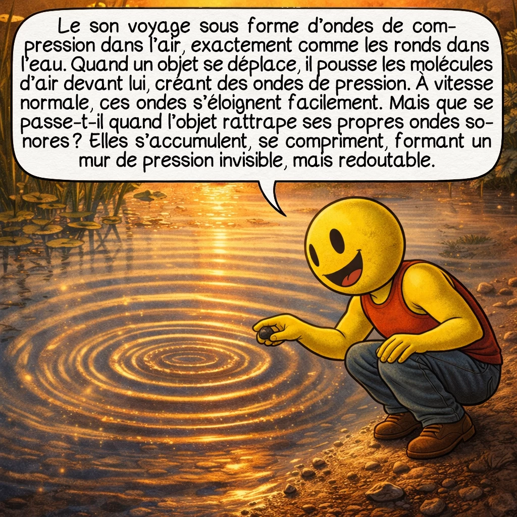 Le mur du son, case 2 : Le son voyage sous forme d’ondes de compression dans l’air, exactement comme les ronds dans l’eau. Quand un objet se déplace, il pousse les molécules d’air devant lui, créant des ondes de pression. À vitesse normale, ces ondes s’éloignent facilement. Mais que se passe-t-il quand l’objet rattrape ses propres ondes sonores ? Elles s’accumulent, se compriment, formant un mur de pression invisible, mais redoutable.