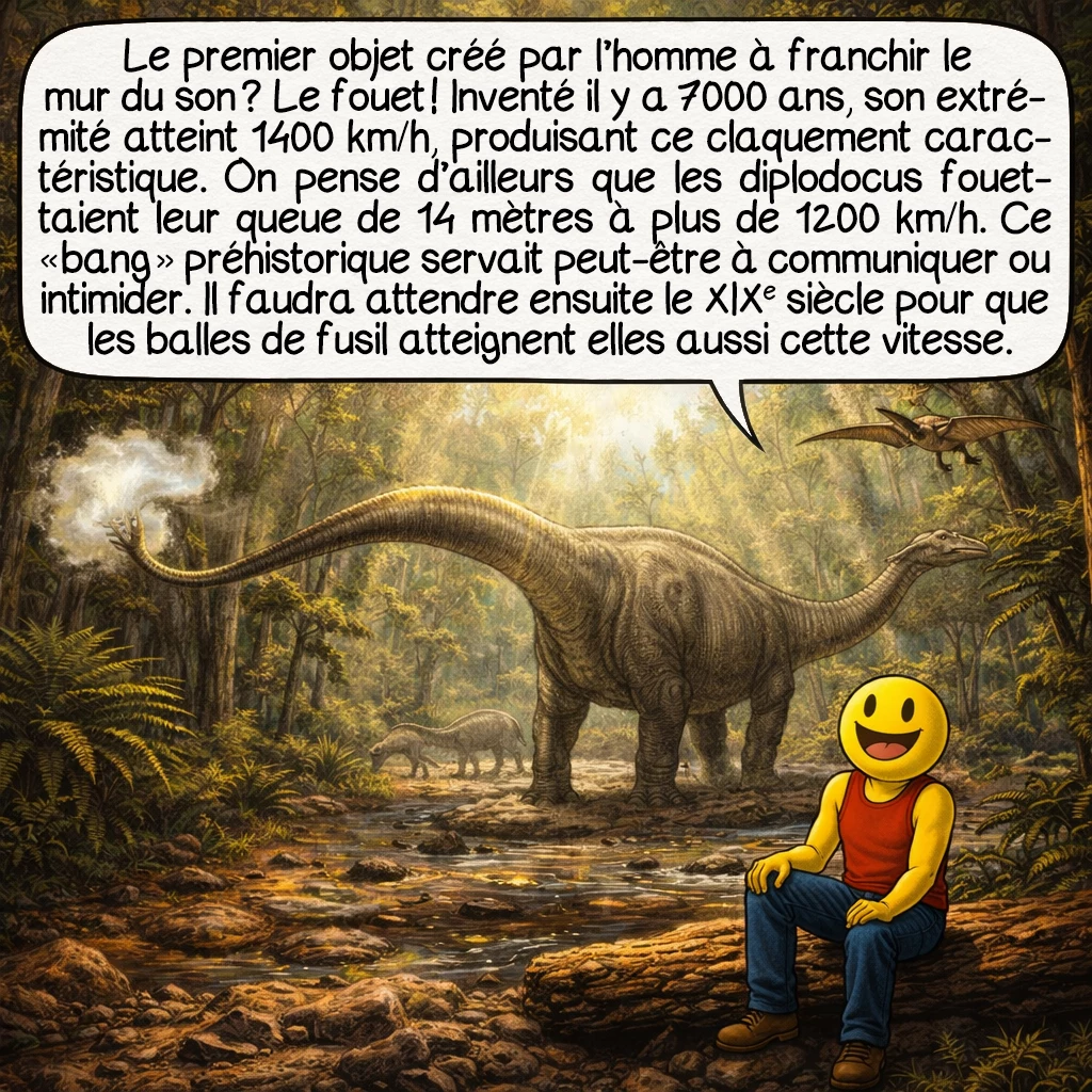 Le mur du son, case 3 : Le premier objet créé par l’homme à franchir le mur du son ? Le fouet ! Inventé il y a 7000 ans, son extrémité atteint 1400 km/h, produisant ce claquement caractéristique. On pense d’ailleurs que les diplodocus fouettaient leur queue de 14 mètres à plus de 1200 km/h. Ce « bang » préhistorique servait peut-être à communiquer ou intimider. Il faudra attendre ensuite le XIXe siècle pour que les balles de fusil atteignent elles aussi cette vitesse.
