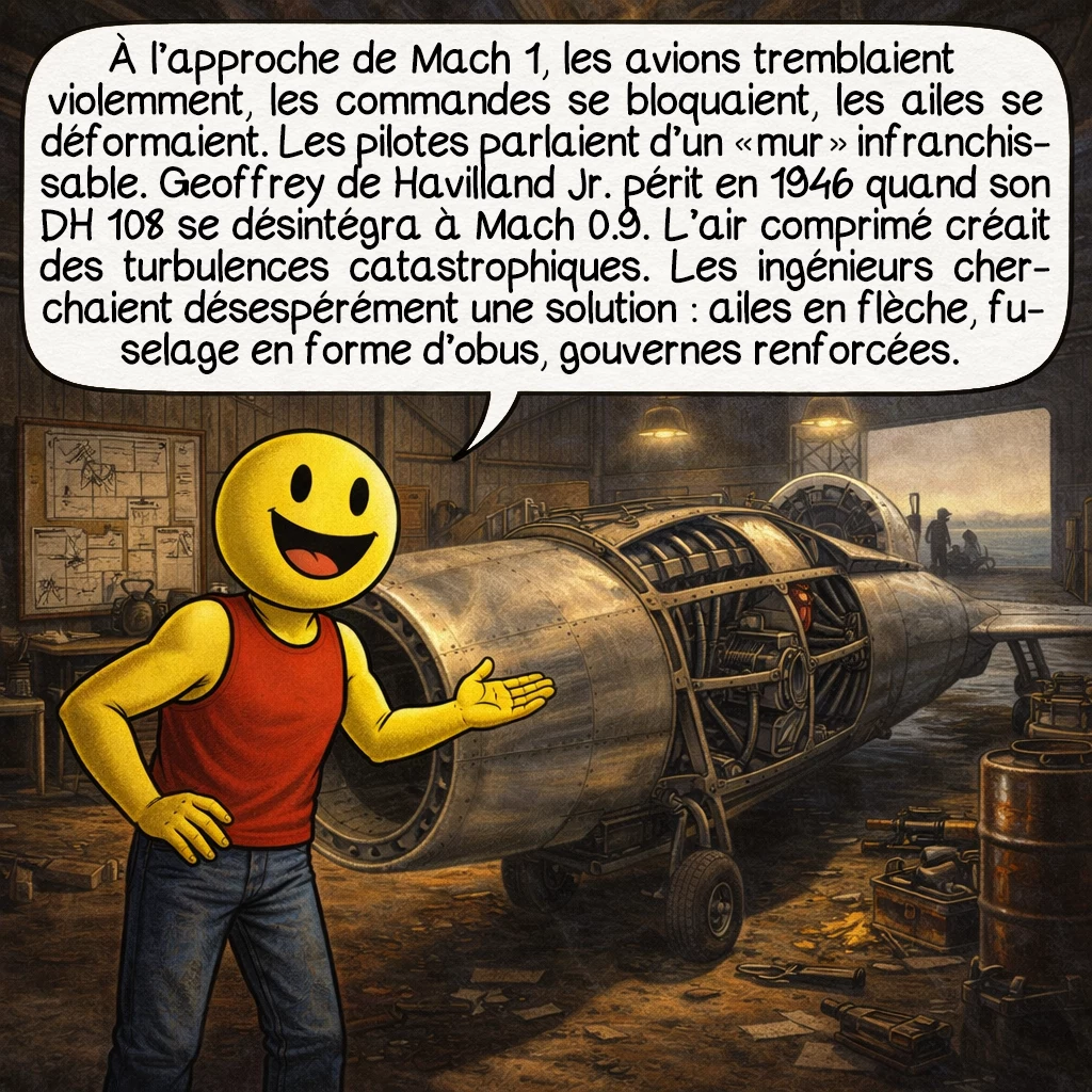 Le mur du son, case 4 : À l’approche de Mach 1, les avions tremblaient violemment, les commandes se bloquaient, les ailes se déformaient. Les pilotes parlaient d’un « mur » infranchissable. Geoffrey de Havilland Jr. périt en 1946 quand son DH 108 se désintégra à Mach 0.9. L’air comprimé créait des turbulences catastrophiques. Les ingénieurs cherchaient désespérément une solution : ailes en flèche, fuselage en forme d’obus, gouvernes renforcées.