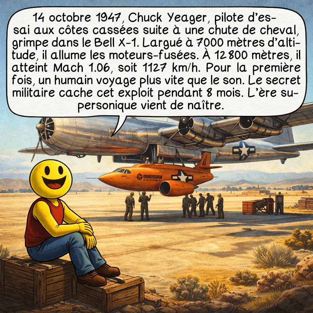 Le mur du son, case 5 : 14 octobre 1947, Chuck Yeager, pilote d’essai aux côtes cassées suite à une chute de cheval, grimpe dans le Bell X-1. Largué à 7000 mètres d’altitude, il allume les moteurs-fusées. À 12 800 mètres, il atteint Mach 1.06, soit 1127 km/h. Pour la première fois, un humain voyage plus vite que le son. Le secret militaire cache cet exploit pendant 8 mois. L’ère supersonique vient de naître.