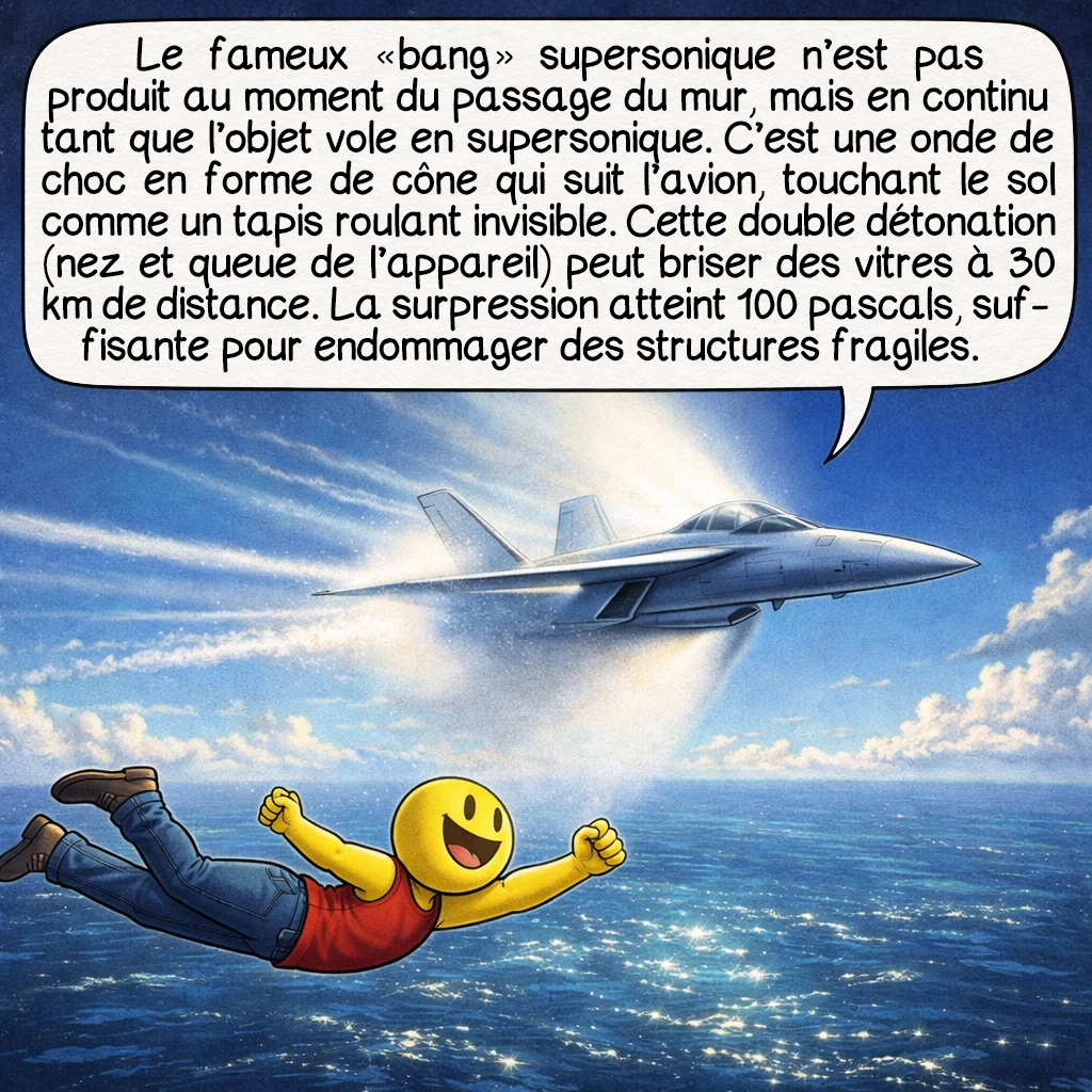 Le mur du son, case 6 : Le fameux « bang » supersonique n’est pas produit au moment du passage du mur, mais en continu tant que l’objet vole en supersonique. C’est une onde de choc en forme de cône qui suit l’avion, touchant le sol comme un tapis roulant invisible. Cette double détonation (nez et queue de l’appareil) peut briser des vitres à 30 km de distance. La surpression atteint 100 pascals, suffisante pour endommager des structures fragiles.
