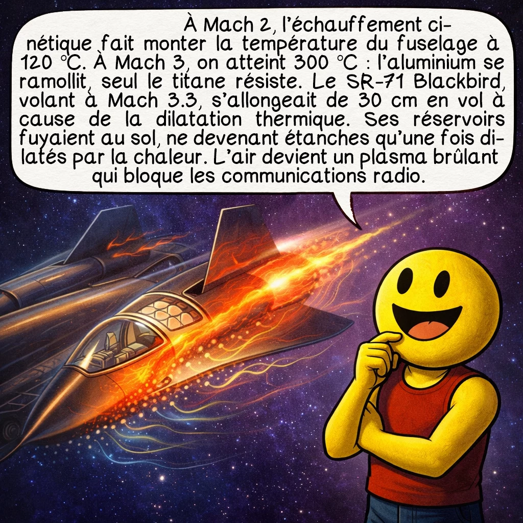 Le mur du son, case 7 : À Mach 2, l’échauffement cinétique fait monter la température du fuselage à 120 °C. À Mach 3, on atteint 300 °C : l’aluminium se ramollit, seul le titane résiste. Le SR-71 Blackbird, volant à Mach 3.3, s’allongeait de 30 cm en vol à cause de la dilatation thermique. Ses réservoirs fuyaient au sol, ne devenant étanches qu’une fois dilatés par la chaleur. L’air devient un plasma brûlant qui bloque les communications radio.