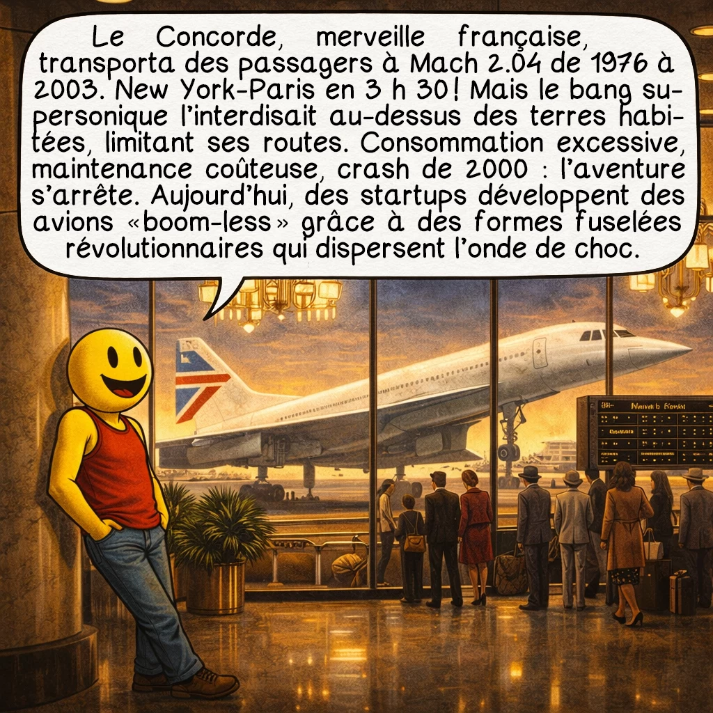 Le mur du son, case 8 : Le Concorde, merveille franco-britannique, transporta des passagers à Mach 2.04 de 1976 à 2003. New York-Paris en 3 h 30 ! Mais le bang supersonique l’interdisait au-dessus des terres habitées, limitant ses routes. Consommation excessive, maintenance coûteuse, crash de 2000 : l’aventure s’arrête. Aujourd’hui, des startups développent des avions « boom-less » grâce à des formes fuselées révolutionnaires qui dispersent l’onde de choc.