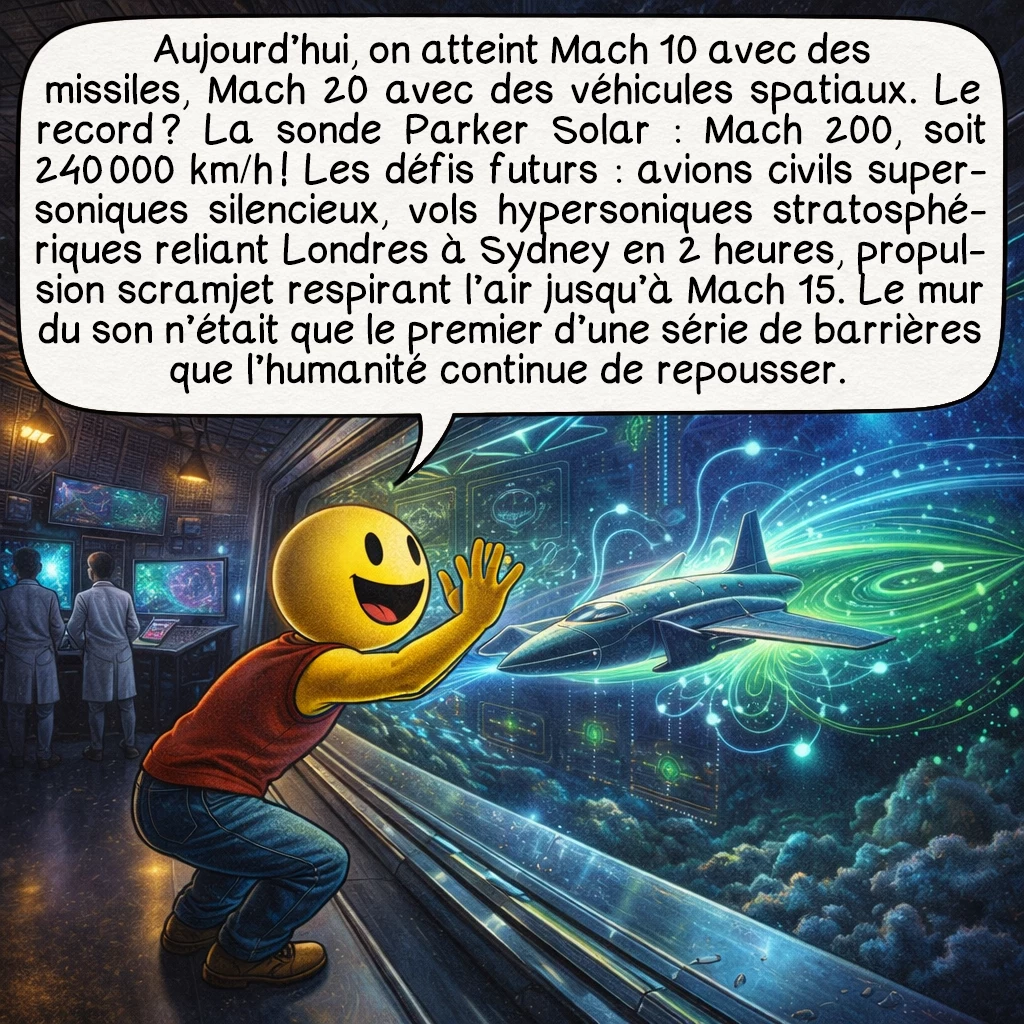 Le mur du son, case 9 : Aujourd’hui, on atteint Mach 10 avec des missiles, Mach 20 avec des véhicules spatiaux. Le record ? La sonde Parker Solar : Mach 200, soit 240 000 km/h ! Les défis futurs : avions civils supersoniques silencieux, vols hypersoniques stratosphériques reliant Londres à Sydney en 2 heures, propulsion scramjet respirant l’air jusqu’à Mach 15. Le mur du son n’était que le premier d’une série de barrières que l’humanité continue de repousser.
