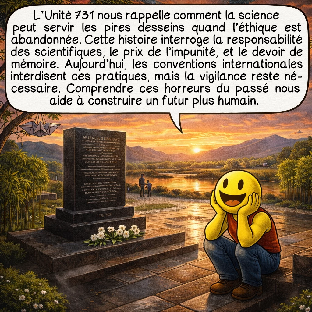 L’unité 731, case 10 : L’Unité 731 nous rappelle comment la science peut servir les pires desseins quand l’éthique est abandonnée. Cette histoire interroge la responsabilité des scientifiques, le prix de l’impunité, et le devoir de mémoire. Aujourd’hui, les conventions internationales interdisent ces pratiques, mais la vigilance reste nécessaire. Comprendre ces horreurs du passé nous aide à construire un futur plus humain.