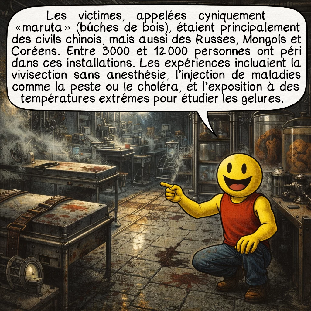 L’unité 731, case 3 : Les victimes, appelées cyniquement « maruta » (bûches de bois), étaient principalement des civils chinois, mais aussi des Russes, Mongols et Coréens. Entre 3000 et 12 000 personnes ont péri dans ces installations. Les expériences incluaient la vivisection sans anesthésie, l’injection de maladies comme la peste ou le choléra, et l’exposition à des températures extrêmes pour étudier les gelures.